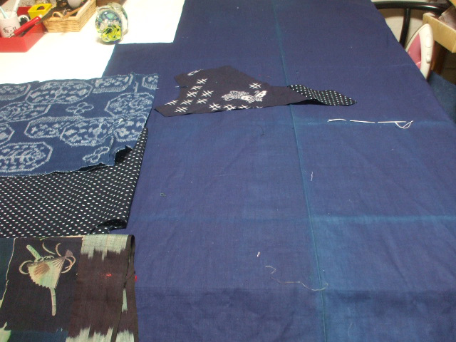 藍染布、絣等から刺し子チャイニーズ風衿ワンピースの作り方
